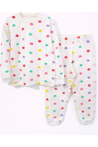 Renkli Puantiyeli Kız Çocuk Pijama Takımı Beyaz