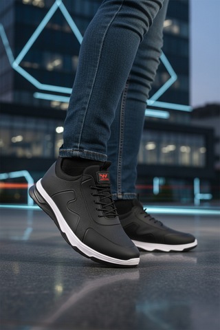 Siyah Kırmızı Lastik Bağcıklı Hafif Esnek Erkek Spor Ayakkabı Kaif 2323 M Siyah-kırmızı