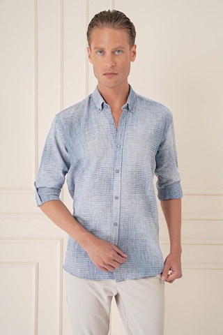 Efor Comfort Fit Batik Desen %100 Keten Mavi Gömlek G 1571 Mavi