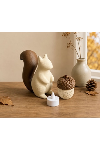 Sincap Ve Meşe Palamudu Biblo / Masaüstü, Raf Dekoru / Mini Sonbahar Kış Temalı Tealight Mumlu Set / 10x7 Cm Mum Dahil. Ten, Kahverengi