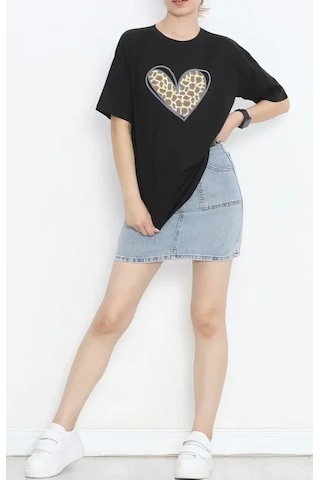 Defymoda 14 Şubat Sevgililer Günü Leopar Kalp Baskılı Oversize Bisiklet Yaka T-shirt - Siyah