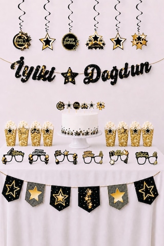 Siyah Gold Yıldız Temalı Doğum Günü Parti Seti İyi Ki Doğdun Banner, Tavan Süsü, Pasta Süsü, Gözlük Ve Mısır Kutusu Altın