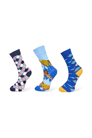 3'lü Unısex Balık Ve Geometrik Tasarımlı Esnek Nem Alabilen Pamuklu Spor Soket Çoraplar Çok Renkli