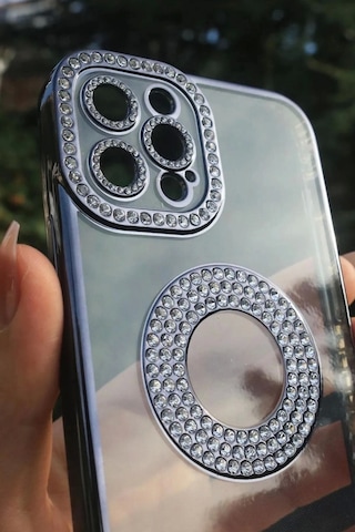 Apple Uyumlu iPhone 13 Pro Kılıf Kamera Korumalı Taş Süslemeli Arkası Şeffaf Redclick Asya Kapak - Siyah