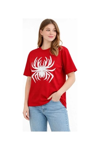Defymoda Örümcek Baskılı Tişört Kısa Kollu Bisiklet Yaka T-shirt - Kırmızı