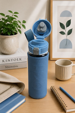 H2o Pastel Renk Kılıflı Kilit Kapaklı 500 Ml Cam Matara Sızdırmaz Ofis Ve Spor İçin Koruyucu Kılıflı Cam Suluk Mavi