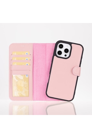 Apple Uyumlu iPhone 16 Pro , Hakiki Deri, El Yapımı, Cüzdanlı Kılıf, Toz Pembe Siyah