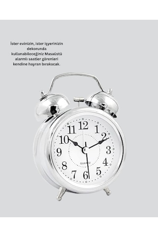 Mey İthalat Dekoratif Yuvarlak Gümüş Sessiz Işıklı Masa Üstü Çalar Saat Alarmlı Ve Şık Tasarım -