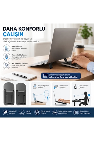 Polham Metal 2 Adet 7mm 3m Yapışkanlı Katlanabilir Ultra Mini Laptop Standı,2 Açılı Laptop Yükseltici Gümüş