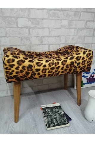 Puf . Leopar Desenli Ahşap Ayak Çima Dikiş Spor Modern Tasa