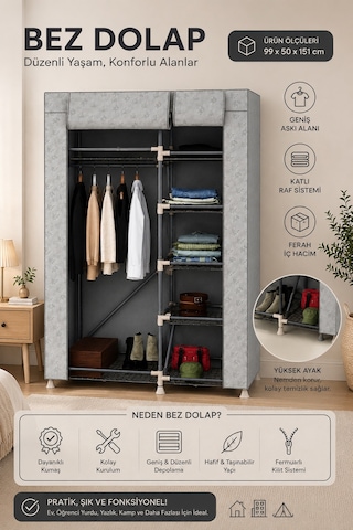 Perilla 63005 Porty Bez Gardırop 99x50x151 Cm Raflı Ve Askılı Kumaş Elbise Dolabı Beyaz