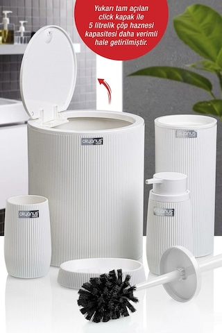 Çizgili 5 Parça Banyo Seti Çöp Kovası Tuvalet Fırçası Diş Fırçalık Sıvı Sabunluk Katı Sabunluk - Beyaz