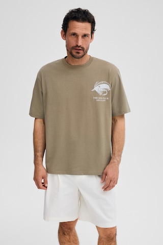 Grimelange Gıganest Erkek %100 Organik Pamuklu Baskı Detaylı Yuvarlak Yaka Haki T-shirt