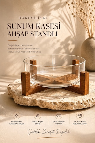 Akasya Standlı Borosilikat Cam Salata Ve Sunum Kasesi - Meyve Sunum Kasesi 2100 Ml Kahverengi