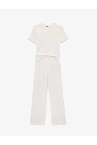 Koton Kısa Kollu Rahat Kesim Pamuklu Pijama Takımı - 2'li Set Ekru Desenli 6slk40091mk