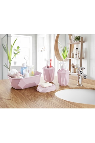Geometrik Tasarımlı 4 Lü Banyo Seti Sabunluk Diş Fırçalık, Sıvı Sabunluk Sepet Pembe
