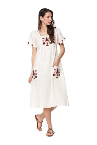 Şile Bezi Krem Kısa Kollu Nakışlı Elbise Krem