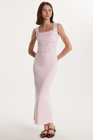 Tudors Kadın Modal Kumaş Standart Fit Normal Kesim Kare Yaka Arka Yırtmaçlı Viskon Pembe Elbise-34394 Pembe
