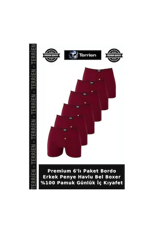 Terrien Premium 6'lı Paket Bordo Erkek Penye Havlu Bel Boxer %100 Pamuk Günlük İç Kıyafet