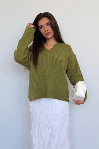 Madmext Yağ Yeşili V Yaka Triko Kadın Kazak Mg2501 Yağ Yeşili