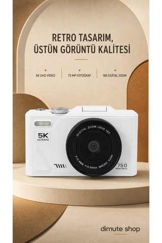 5k Uhd 75 Mp Dijital Kamera 18x Zoom Retro Tasarım Seyahat & Vlog Fotoğrafçılığı Beyaz