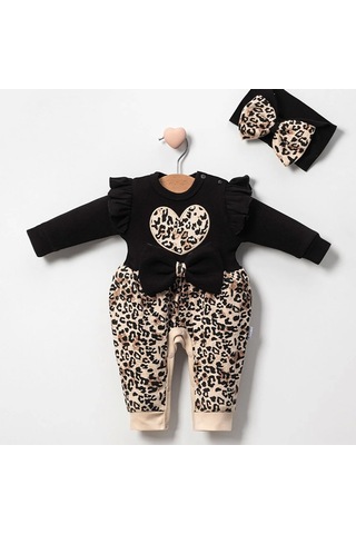 Candar 3-9 Ay Kız Bebek Tulum Leopar Fiyonklu Siyah Siyah