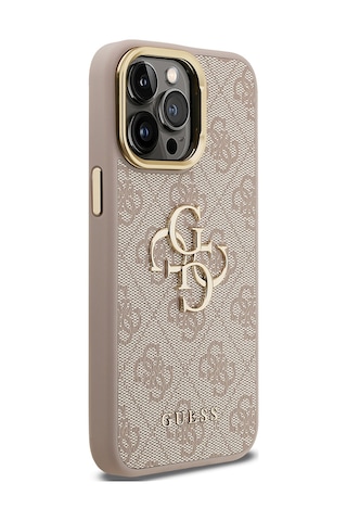Apple iPhone 14 Pro Max Uyumlu Kılıf Guess Lisanslı Metal 4g Ve Yazı Logolu Kamera Standlı Kapak Pembe
