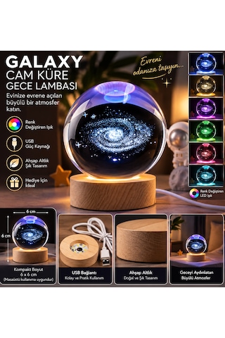 Galaxy Cam Küre Gece Lambası Usb Li Renk Değiştiren Ahşap Altlıklı Dekoratif Masa Lambası 6 Cm Şeffaf