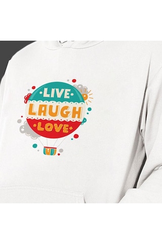 Sevgililer Gününe Özel Live Laughe Love Temalı Cepli Kapşonlu Sweatshirt Beyaz