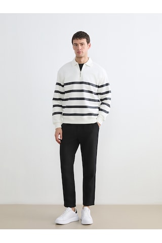 Lcw Vision Beyaz Polo Yaka Çizgili Erkek Kalın Sweatshirt