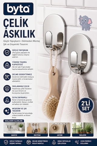 Paslanmaz Çelik Yapışkanlı Askılık 2'li Set Delmeden Montaj Duvar Askısı Banyo, Mutfak Ve Havlu Askılığı Gümüş Paslanmaz Çelik Yapışkanlı Askılık 2'li Set Delmeden Montaj Duvar Askısı Banyo, Mutfak Ve Havlu Askılığı Gümüş