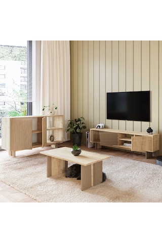 İnarch Dizayn Ravello Oturma Odası Set Modern Konsol, Tv Sehpası Ve Orta Sehpa Üçlü Takım Safir Meşe