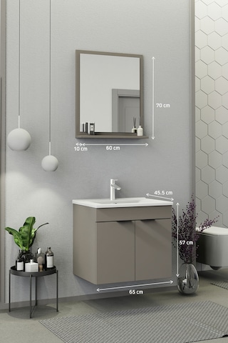 Biani Fix Arya 65 Cm Banyo Dolabı,Seramik Lavabolu, Aynalı,Lavabo Dahil,Mdf,Latte