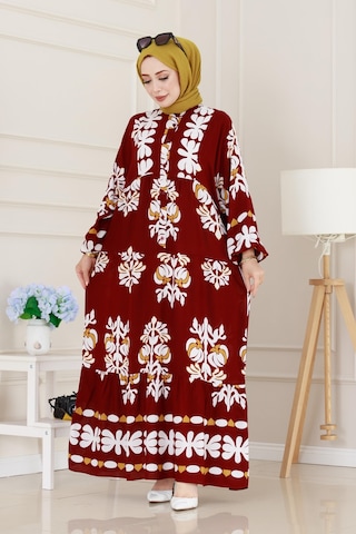 Sevitli Yarım Düğmeli Robalı Belinay Elbise-bordo-5093