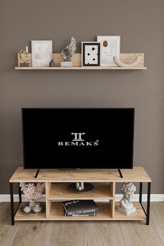 Jolie 120 Cm Metal Tv Sehpası Raflı Tv Ünitesi Televizyon Sehpası Meşe