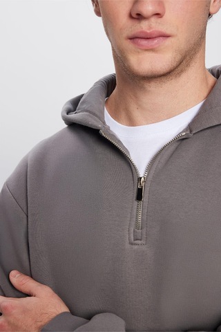 Tudors Unisex Relax Fit Rahat Kesim Pamuklu İçi Polarlı Yarım Fermuarlı Gri Kapüşonlu Sweatshirt-32461 Gri