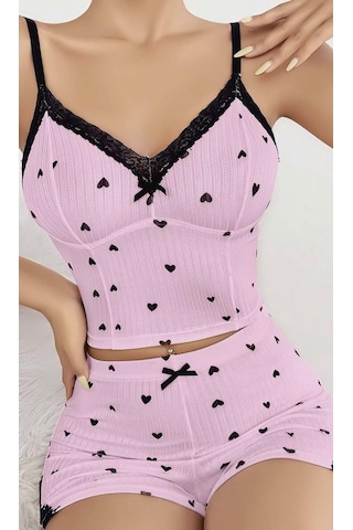 Findit Pembe Kalp Desenli Askılı Şortlu Pijama Takım Pembe