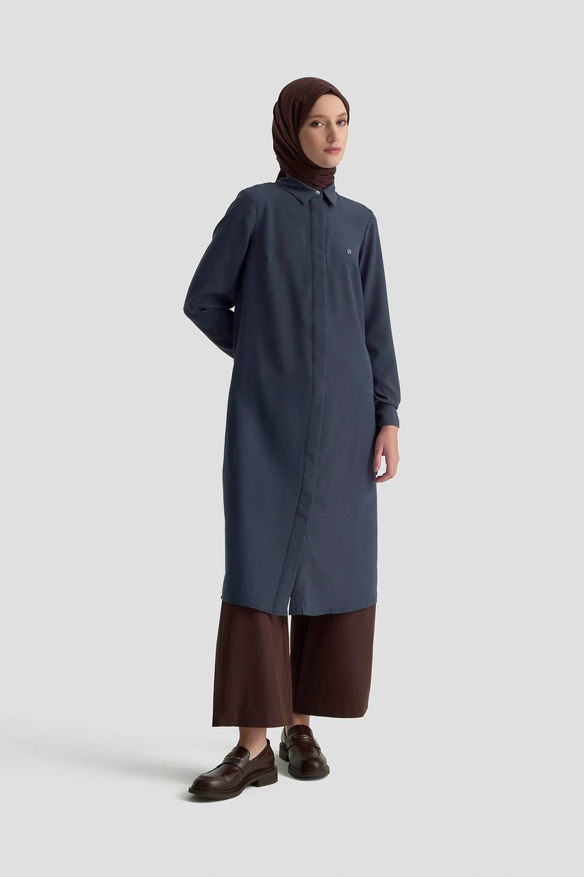 Armine Trend Gizli Düğmeli Kol Detaylı Gömlek Yakalı Tunik İndigo 25yt4158 Indigo