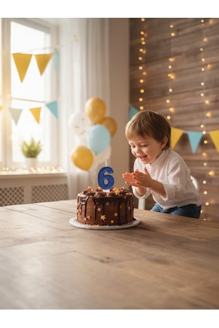 Lacivert Simli Pasta Mumu Doğum Günü Mum 6 Yaş