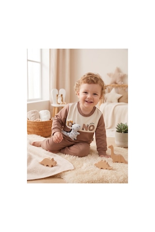 Deniva Kids Erkek Bebek Kahverengi 3 Boyutlu Dinozor Figürlü Pamuklu İki İplik Sweatshirt Ve Eşofman Alt Üst Takım