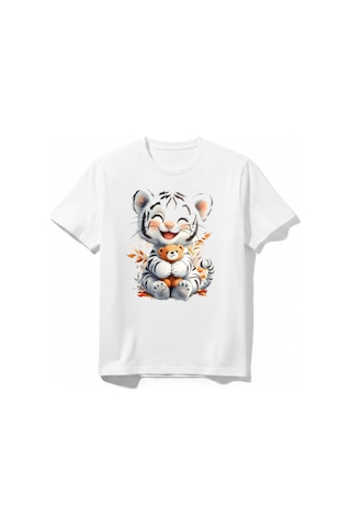 Urbantrendstore Kedi Baskılı Kız Çocuk Erkek Çocuk Basic Sade Günlük Unisex Bisiklet Yuvarlak Yaka Basic Kısa Kollu %100 Pamuk Tişört Beyaz