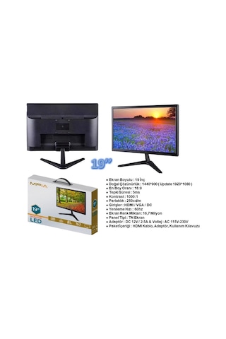 19'' Monitör, 1920x1080 Çözünürlük, 5ms Tepki Süresi, 75hz , Hdmı & Vga, 12 Volt, Full Hd