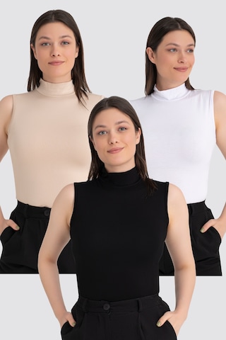 Arma Yıldız Kadın Siyah Beyaz Ten Balıkçı Yaka Kolsuz Body 3'lü Paket Çok Renkli