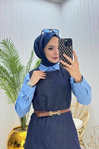 Neşeli Butik Kadın Kemerli Denim Jile Gömlek Tesettür Takım Nms073 Lacivert