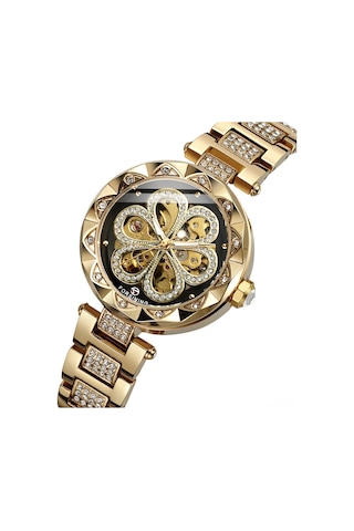 Vkemall Kadınlar İçin Otomatik Mekanik Saat, Gümüş Çelik Kordon, 30m Su Geçirmez, 33mm Taşlı Açık Desenli Siyah-altın Yüz Gold