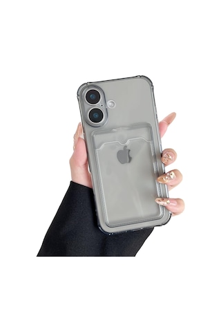 Teknomoda Apple Uyumlu iPhone 17 Kılıf Kartlıklı Anti Şok Korumalı Şeffaf Silikon Füme Koyu Şeffaf Acık Siyah Füme
