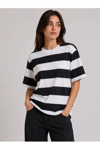 Efnaz Style Çizgili Oversize Tişört Bisiklet Yaka Kısa Kol Yazlık T-shirt - Siyah