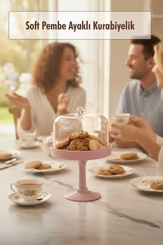 Soft Pembe Akrilik Ayaklı Kurabiyelik & Kapaklı Sunum Standı - 2 Parça Çok Renkli