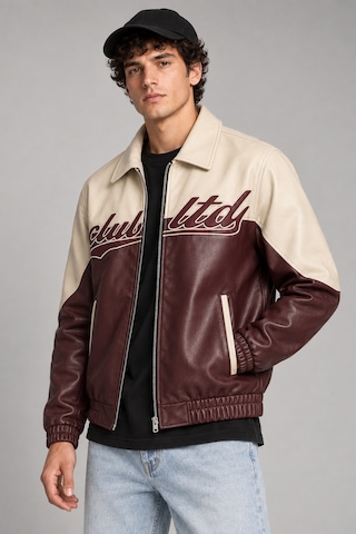 Maison Rae Erkek Bordo, İçi Kürklü, Çift Renkli, Yazı Detaylı,oversize Suni Deri Bomber Ceket