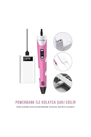 Pembe 3D Kalem 3D Pen Yazıcı Kalem | 50 Metre PLA Filament + Grafik Tablet + USB Kablo